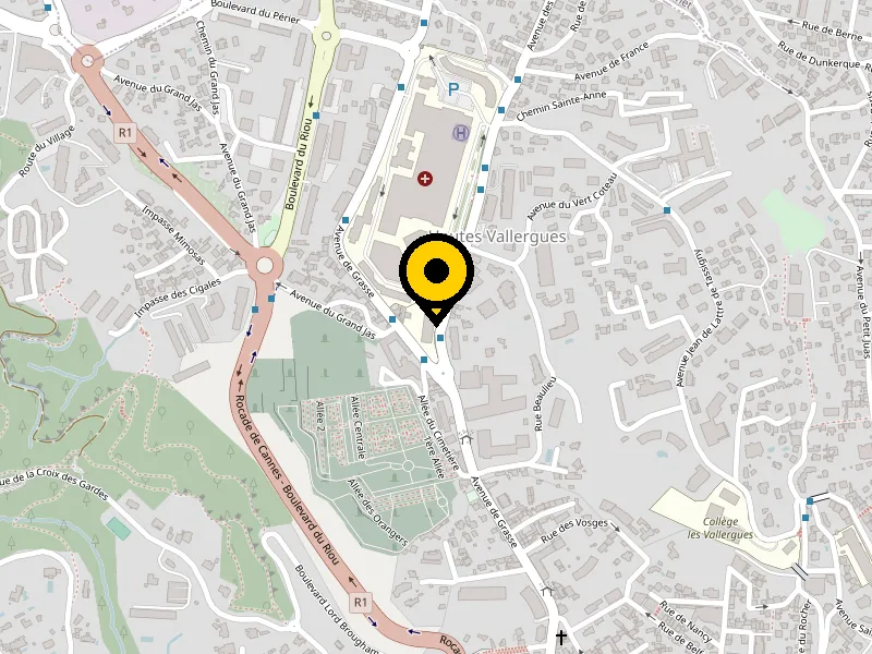 Carte du quartier : la Maison des Associations est sur l'avenue des Broussailles, à côté de l'hôpital de Cannes, entre l'avenue de Grasse et la rocade.