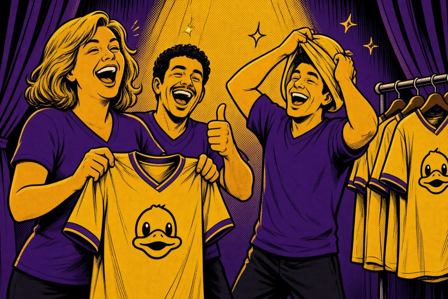 Dessin : en coulisses, une membre de la troupe tend un maillot jaune au canard à un nouvel arrivant, devant le portant de maillots