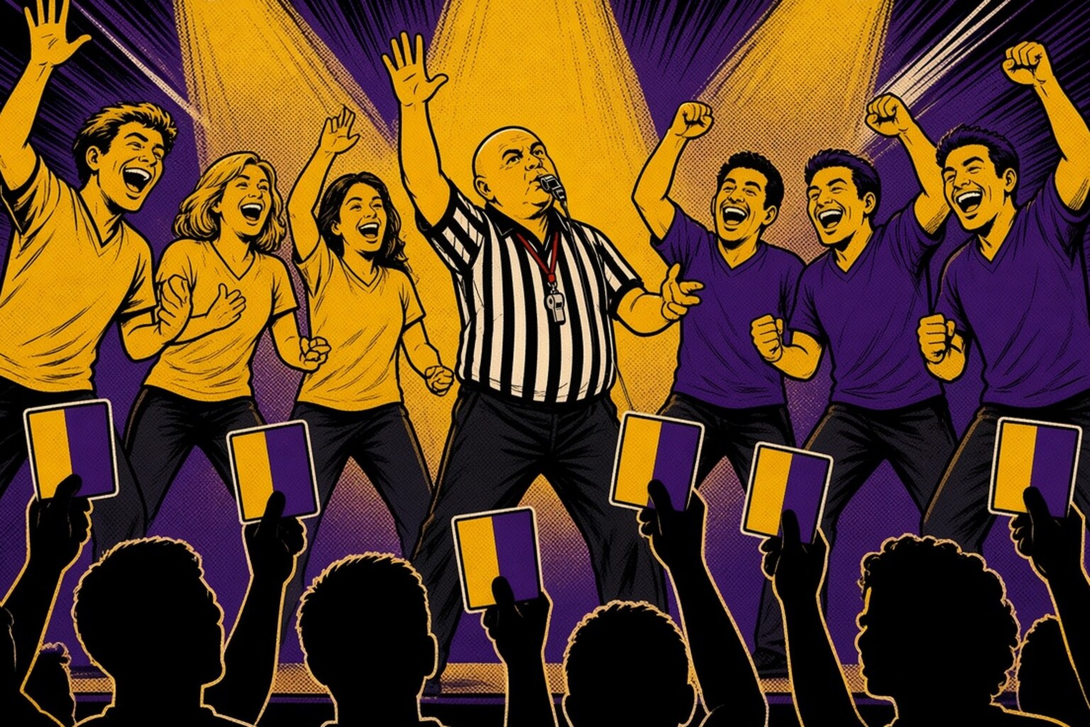 Dessin : un match d'impro, deux équipes en maillots jaune et violet de part et d'autre de l'arbitre, le public levant ses cartons de vote bicolores